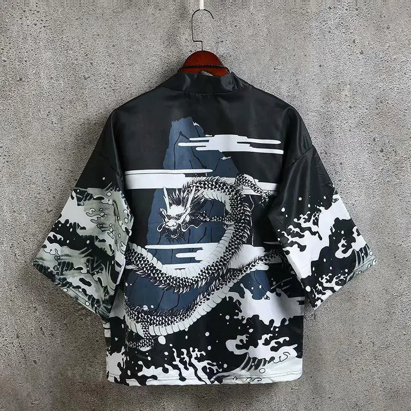 Men Chinese Style Hanfu Short Sleeve Kimono White Black Plus Size - Image 12