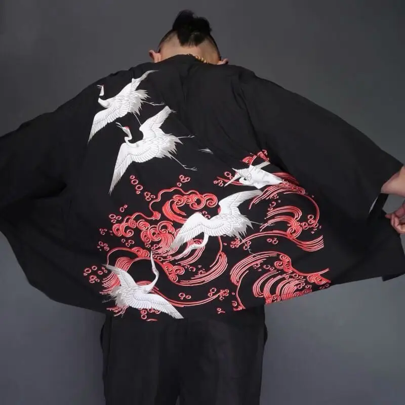 Men Chinese Style Hanfu Short Sleeve Kimono White Black Plus Size - Image 2