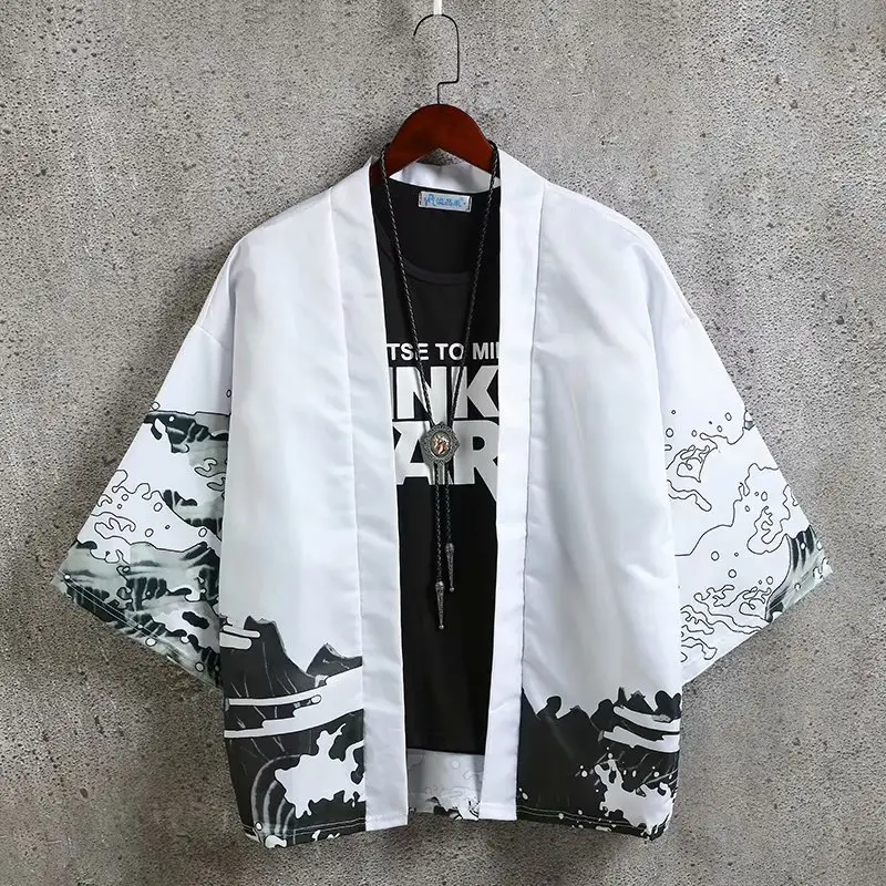 Men Chinese Style Hanfu Short Sleeve Kimono White Black Plus Size - Image 3