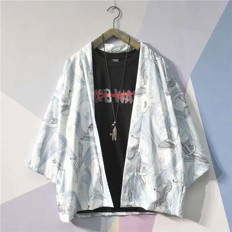 Men Chinese Style Hanfu Short Sleeve Kimono White Black Plus Size - Image 4