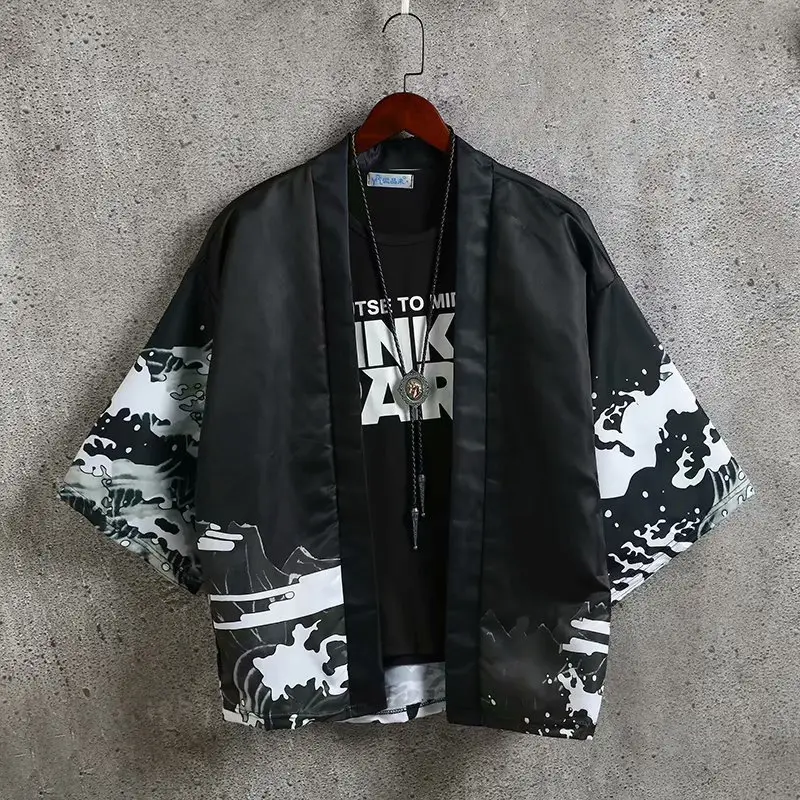 Men Chinese Style Hanfu Short Sleeve Kimono White Black Plus Size - Image 5