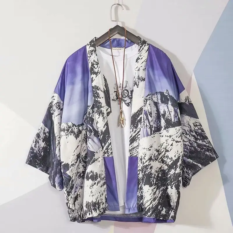 Men Chinese Style Hanfu Short Sleeve Kimono White Black Plus Size - Image 6