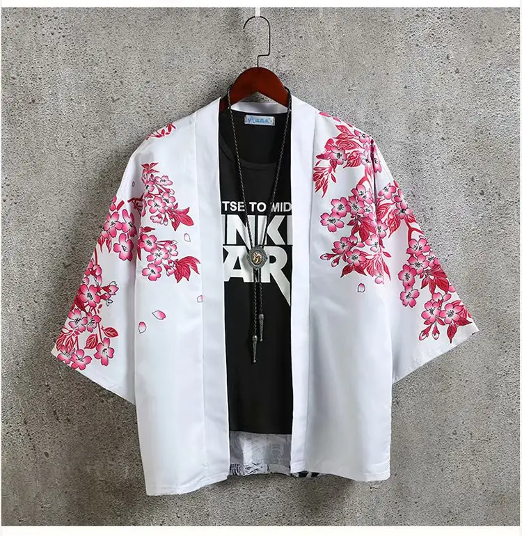 Men Chinese Style Hanfu Short Sleeve Kimono White Black Plus Size - Image 8