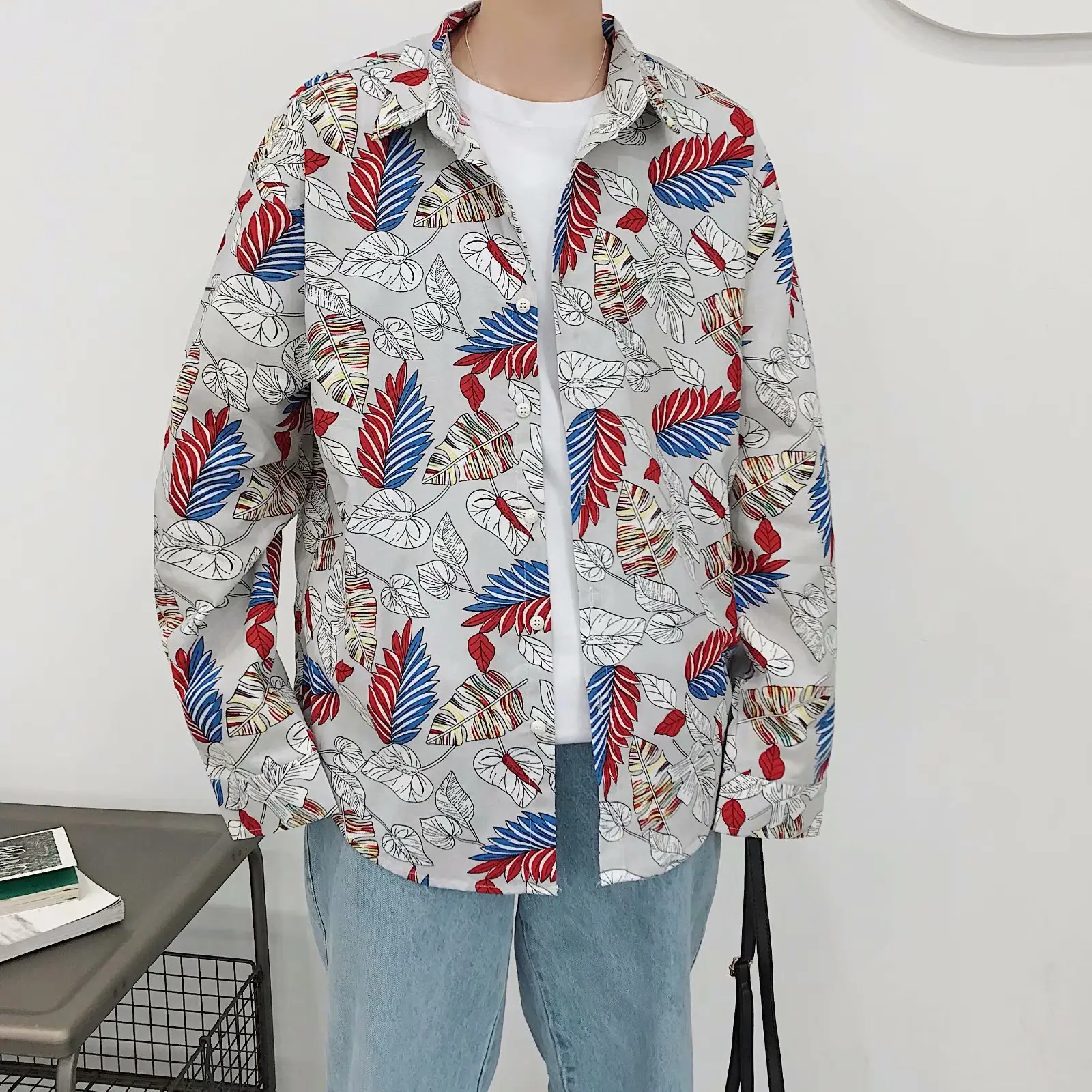 Men Long Sleeve Printed Shirt Blue Tropical Print - Image 4