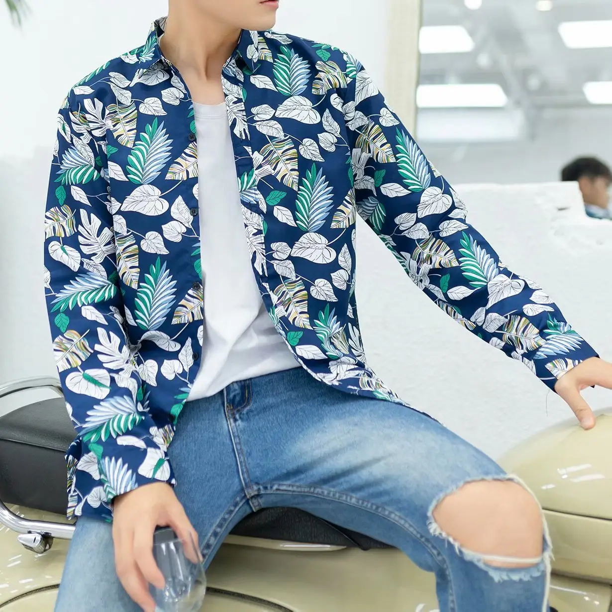 Men Long Sleeve Printed Shirt Blue Tropical Print - Image 6