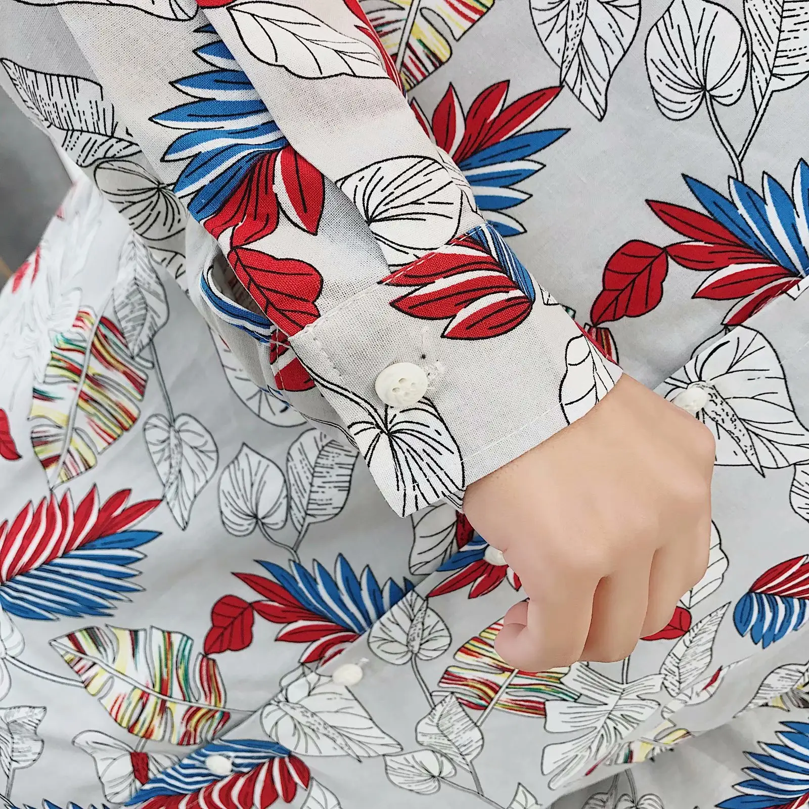 Men Long Sleeve Printed Shirt Blue Tropical Print - Image 7
