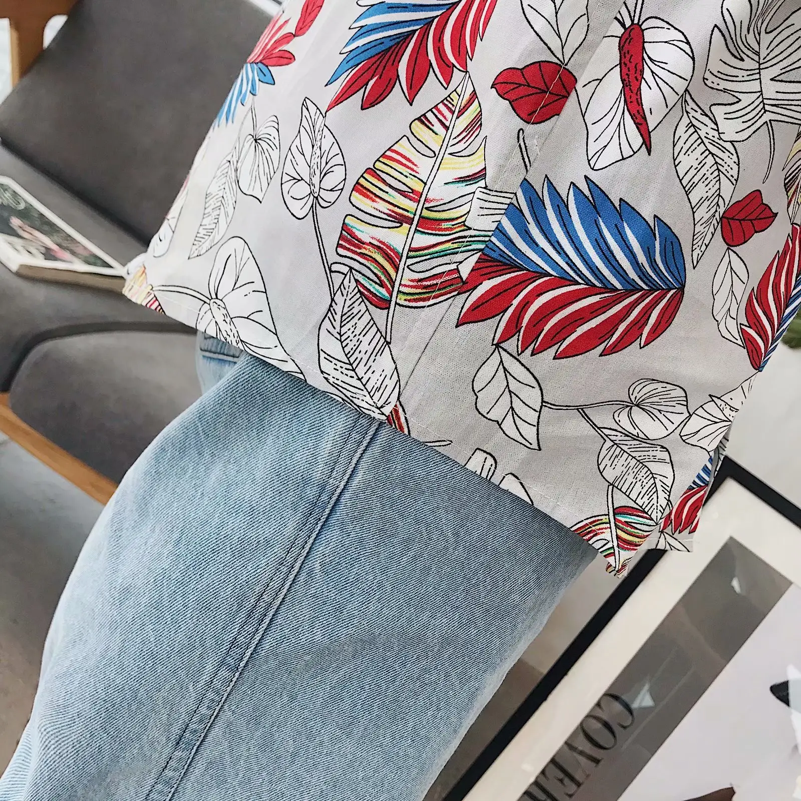 Men Long Sleeve Printed Shirt Blue Tropical Print - Image 8