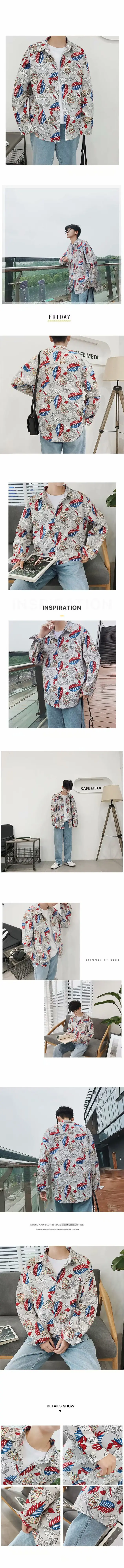 Men Long Sleeve Printed Shirt Blue Tropical Print — feature 1
