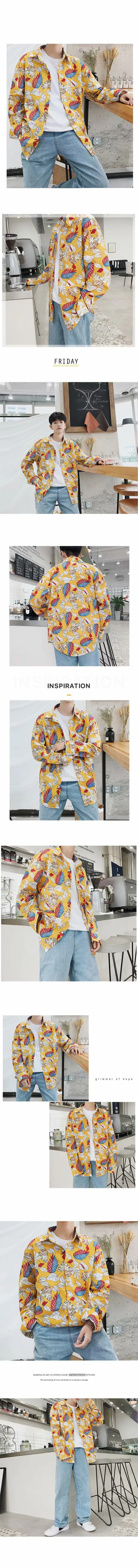 Men Long Sleeve Printed Shirt Blue Tropical Print — feature 2