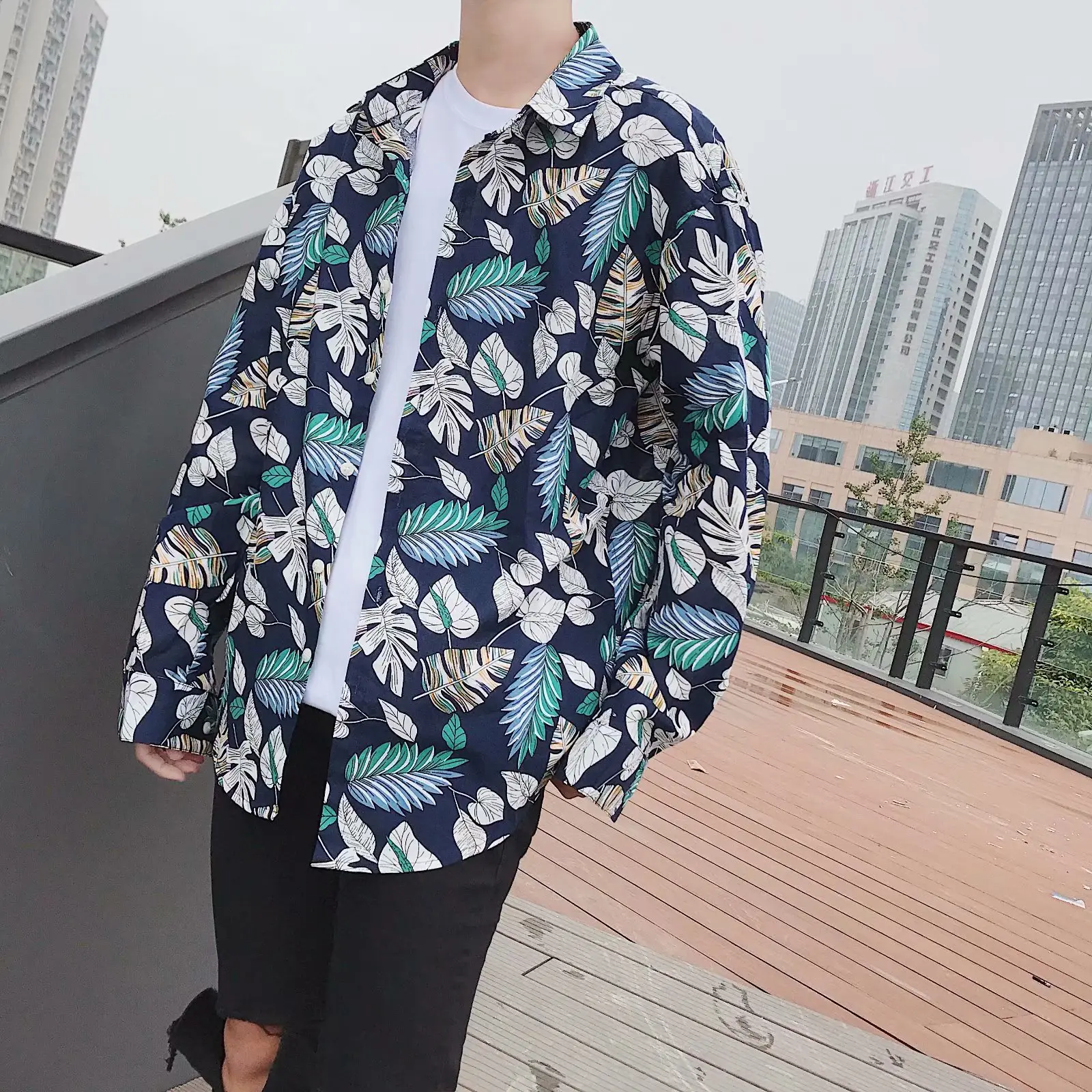 Men Long Sleeve Printed Shirt Blue Tropical Print - Image 2