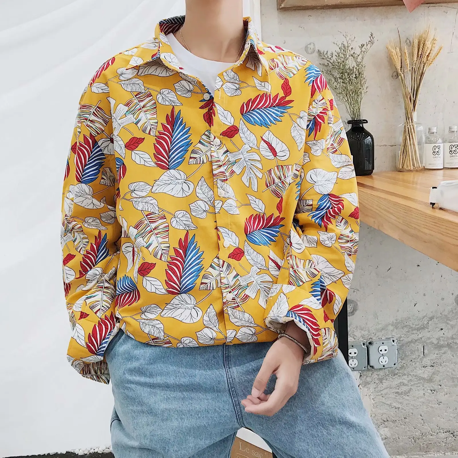 Men Long Sleeve Printed Shirt Blue Tropical Print - Image 3