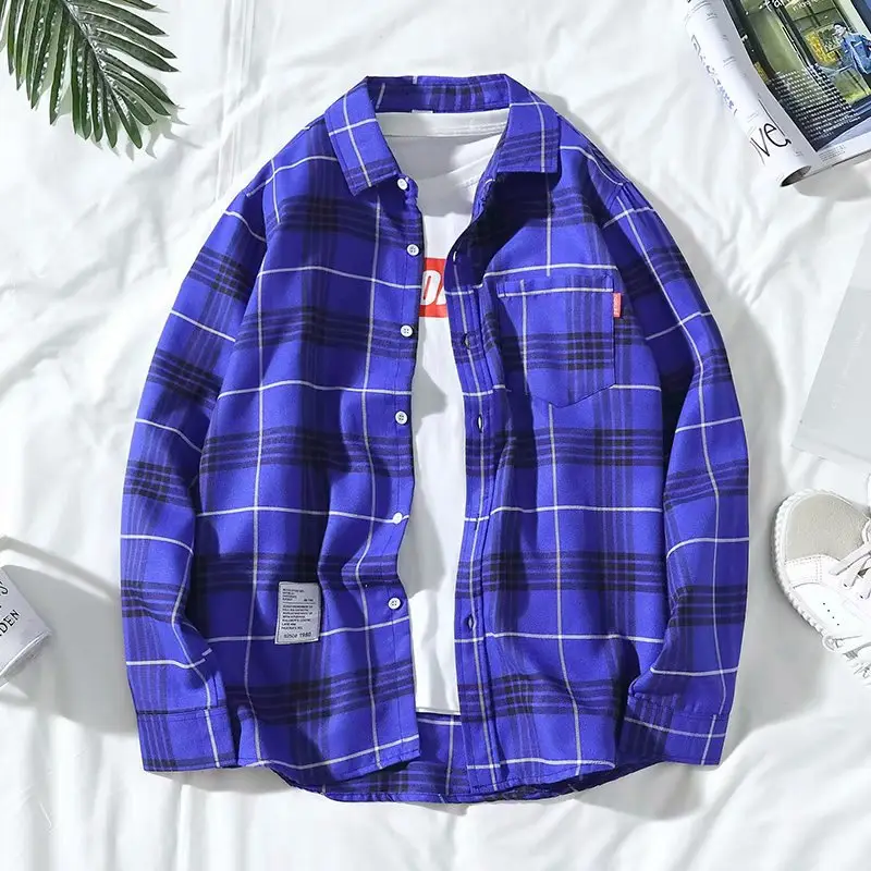 Men's Black White Plaid Long Sleeve Shirt Hong Kong Style Loose Fit - Image 4
