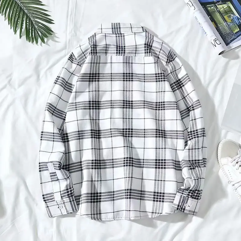 Men's Black White Plaid Long Sleeve Shirt Hong Kong Style Loose Fit — feature 7