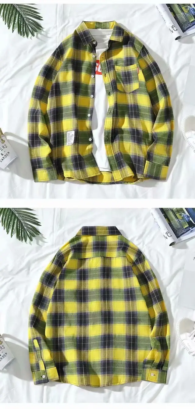 Men's Black White Plaid Long Sleeve Shirt Hong Kong Style Loose Fit - Image 2