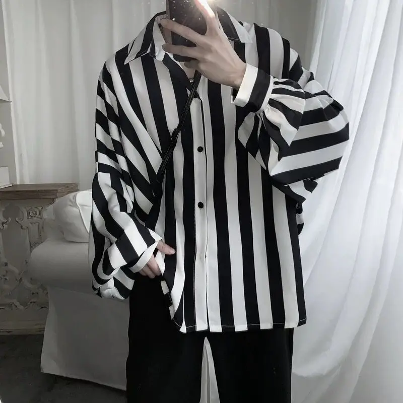 Men's Black White Striped Long Sleeve Shirt