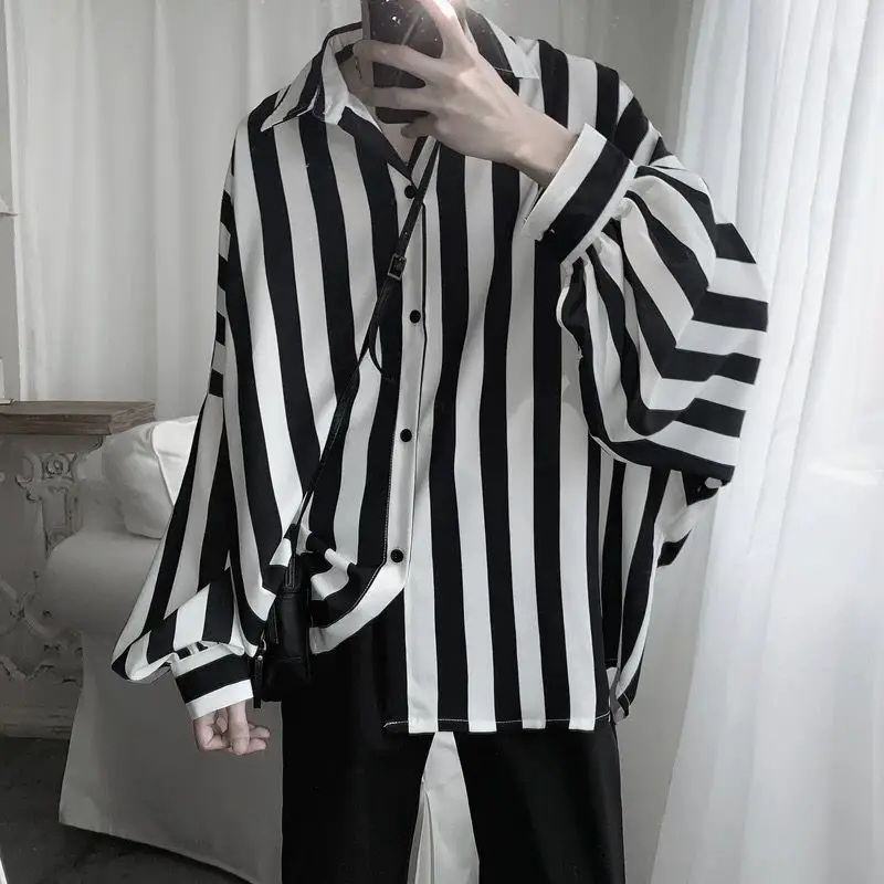 Men's Black White Striped Long Sleeve Shirt