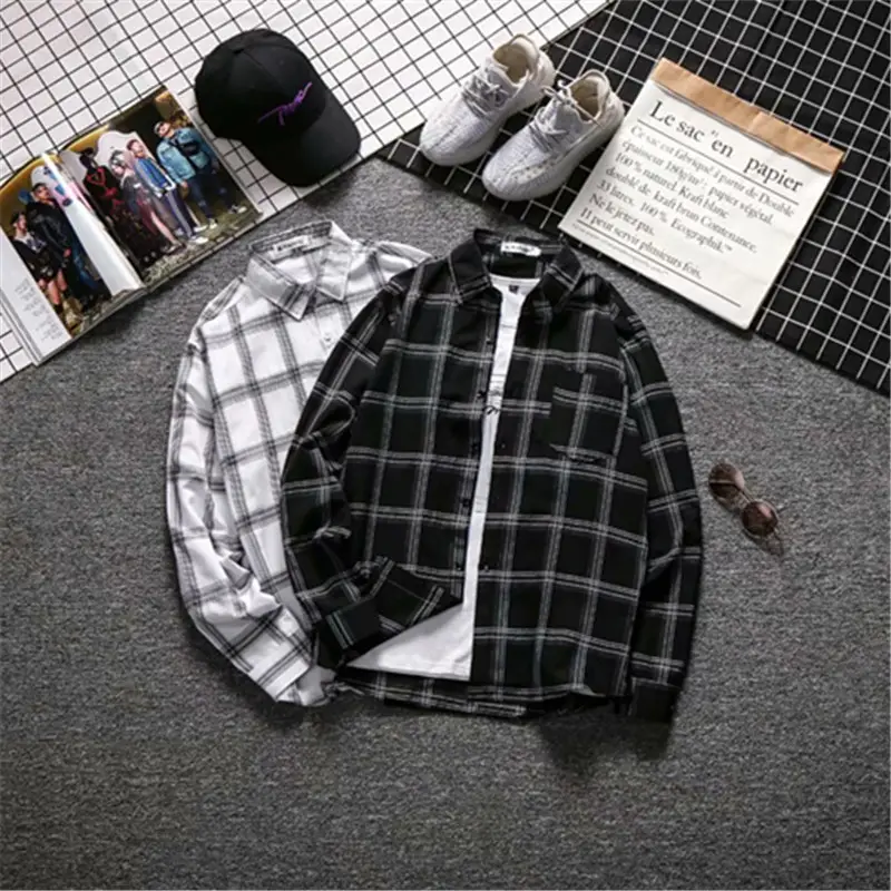 2020 Korean Style Plaid Jacket Men Black White