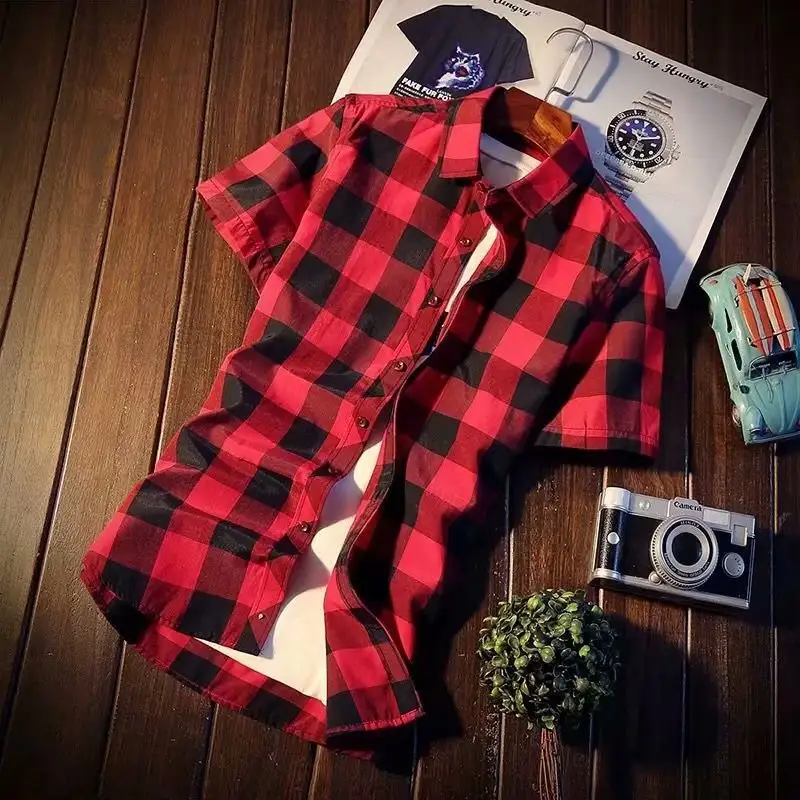Men's Red Plaid Slim Fit Long Sleeve Shirt - Image 4