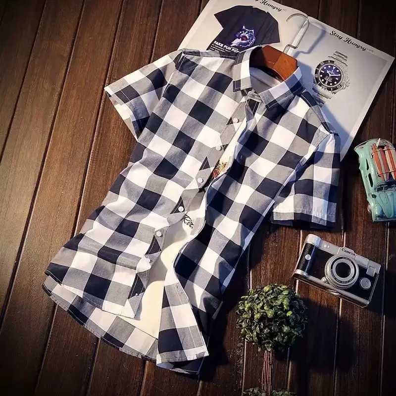 Men's Red Plaid Slim Fit Long Sleeve Shirt - Image 5