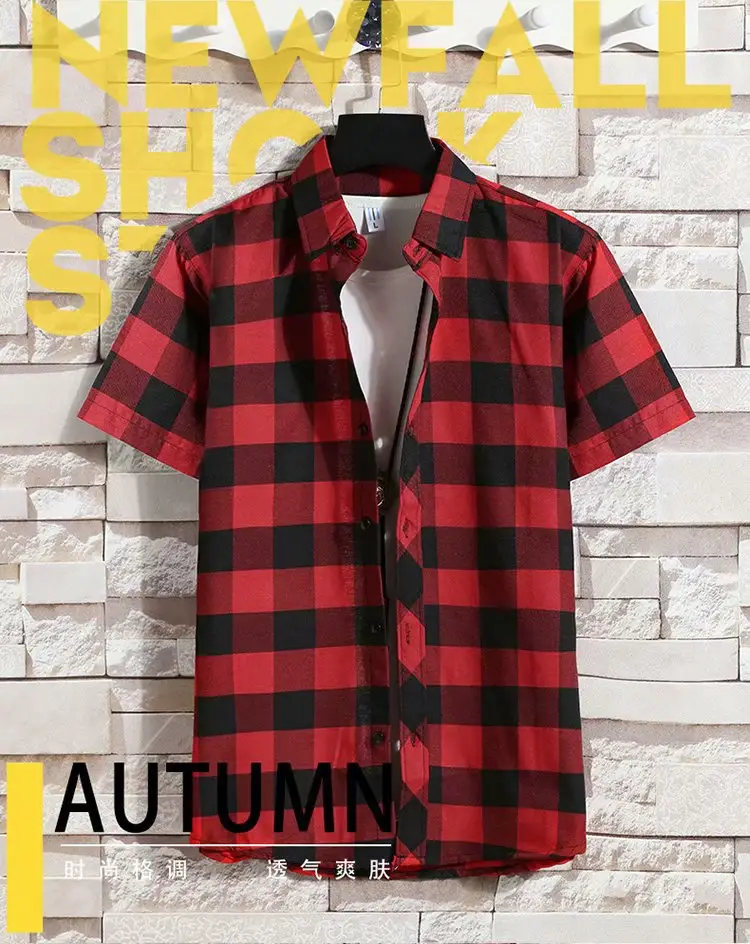 Men's Red Plaid Slim Fit Long Sleeve Shirt — feature 1