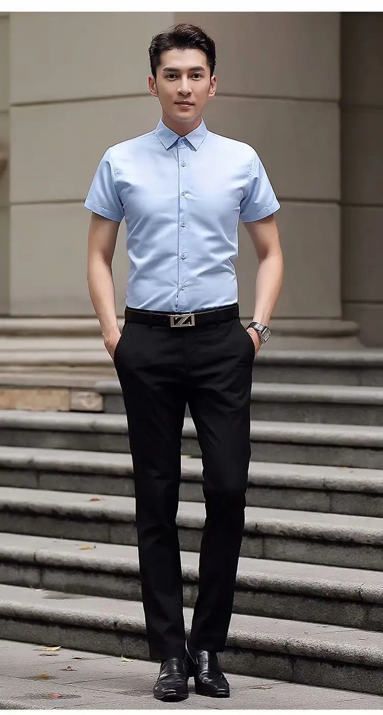 Men's Short Sleeve Business Shirt Light Blue Slim Fit — feature 20