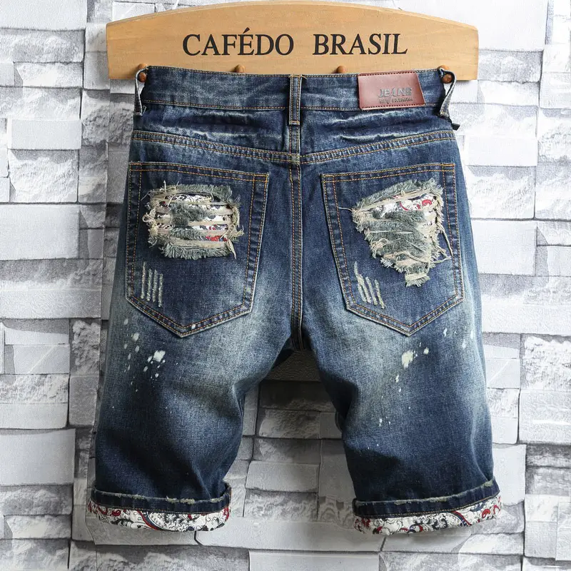 Men Stretch Denim 5-Point Frayed Shorts Blue