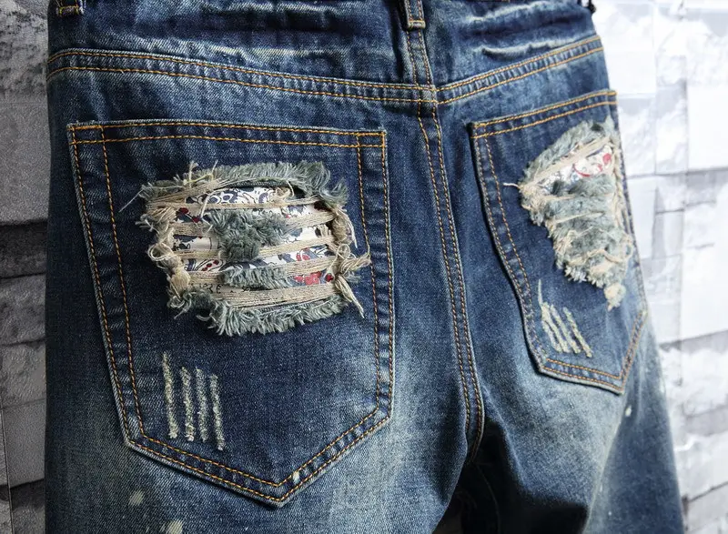 Men Stretch Denim 5-Point Frayed Shorts Blue