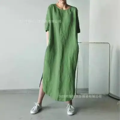 Green Round Neck Half-Sleeve Side Slit Mid-Calf Dress for Women