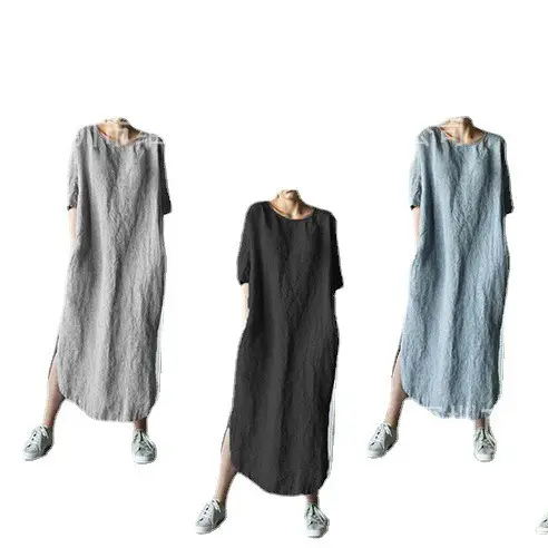 Green Round Neck Half-Sleeve Side Slit Mid-Calf Dress for Women
