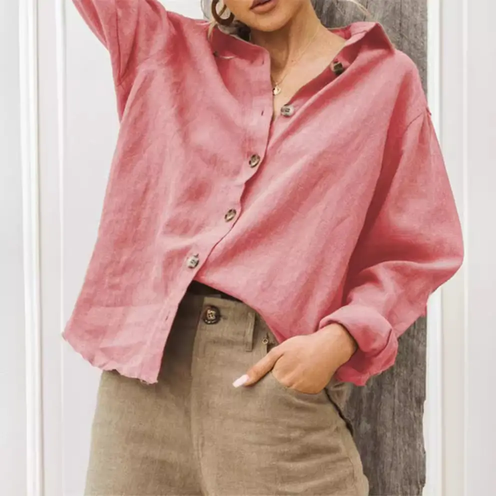 2025 Autumn Linen Long-Sleeve Shirt Pink - Image 7