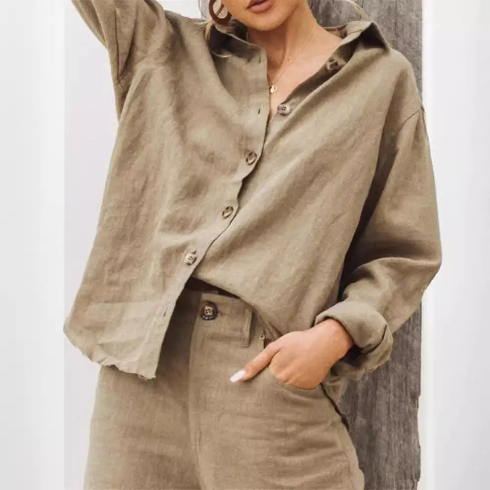 2025 Autumn Linen Long-Sleeve Shirt Pink - Image 8