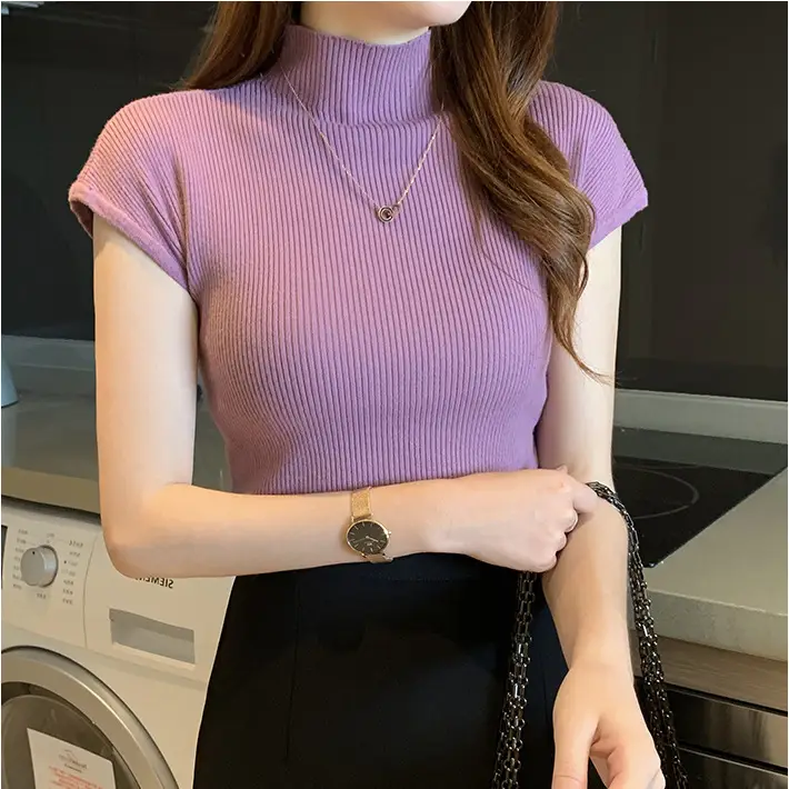 Women's 2023 Knit Half Turtleneck Short Sleeve Top - Image 2