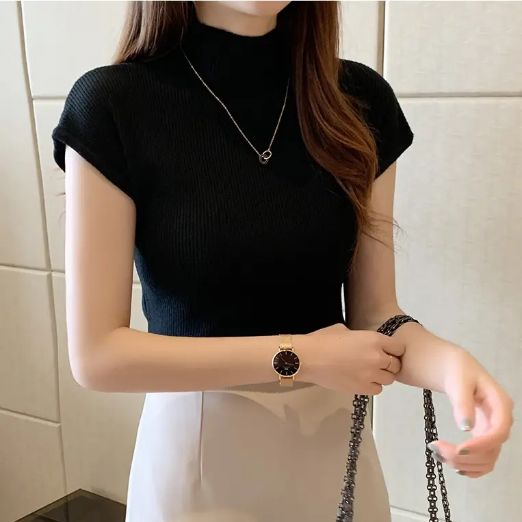 Women's 2023 Knit Half Turtleneck Short Sleeve Top - Image 4