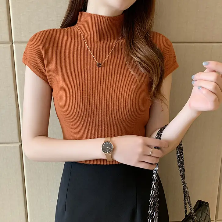 Women's 2023 Knit Half Turtleneck Short Sleeve Top - Image 7
