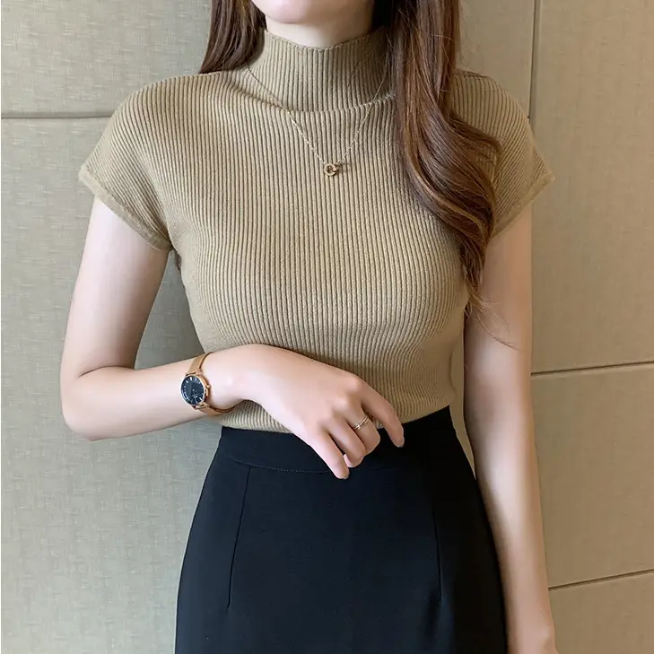 Women's 2023 Knit Half Turtleneck Short Sleeve Top - Image 8