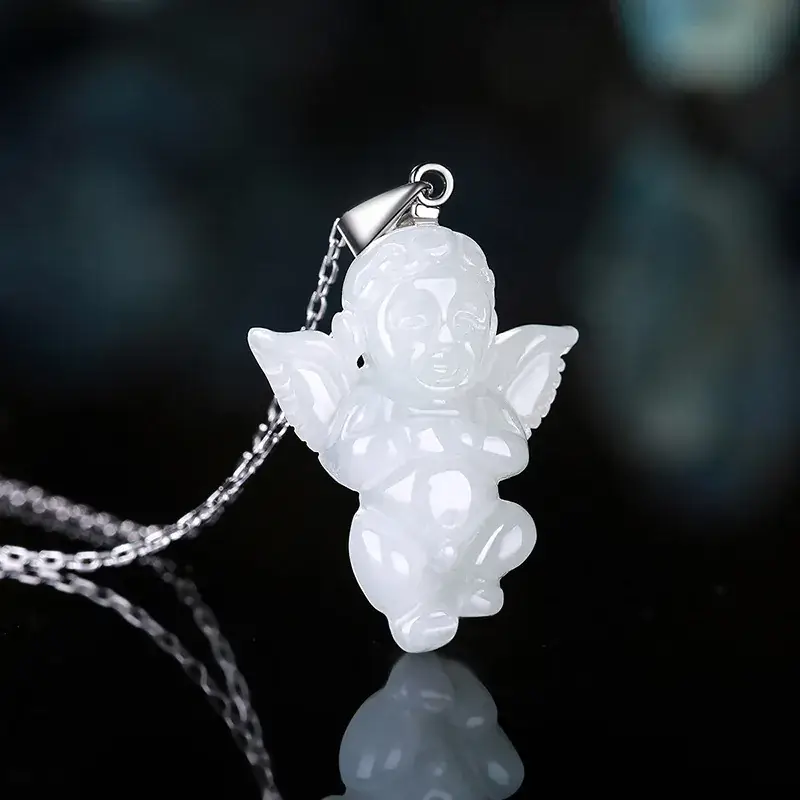 Natural Jade Angel Pendant with Silver Buckle & Chain