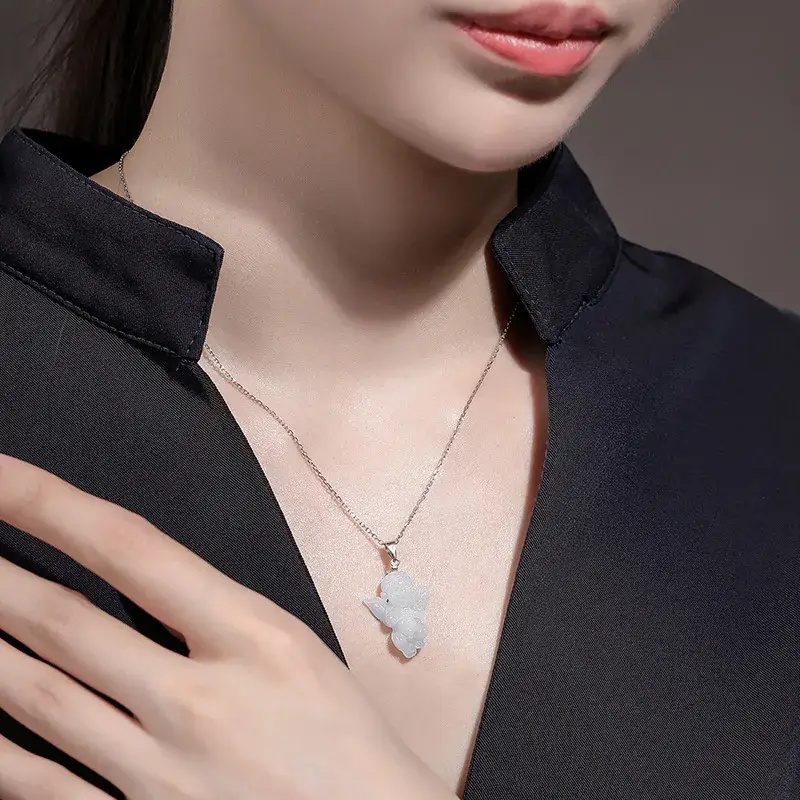 Natural Jade Angel Pendant with Silver Buckle & Chain