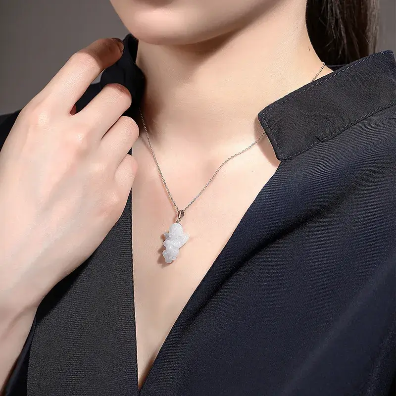 Natural Jade Angel Pendant with Silver Buckle & Chain