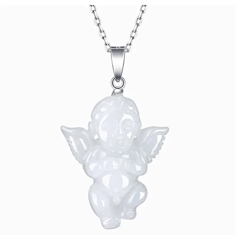 Natural Jade Angel Pendant with Silver Buckle & Chain