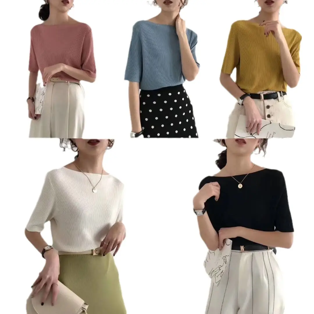 Women Ice Silk Knitted Top with Mid Sleeve Collar - Image 11