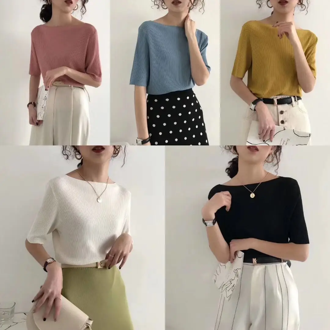Women Ice Silk Knitted Top with Mid Sleeve Collar — feature 1
