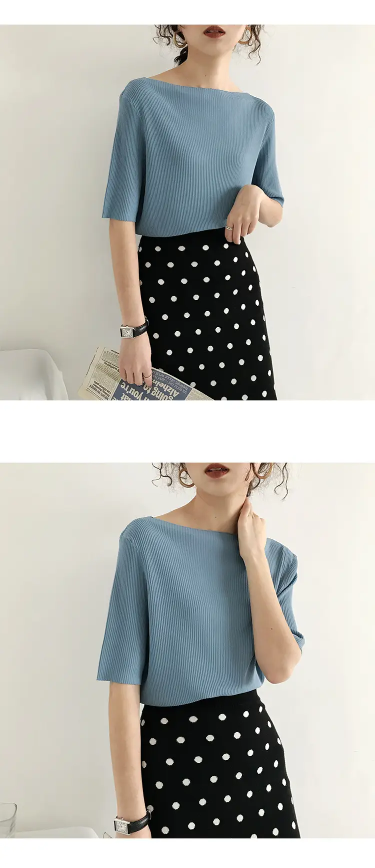 Women Ice Silk Knitted Top with Mid Sleeve Collar — feature 19