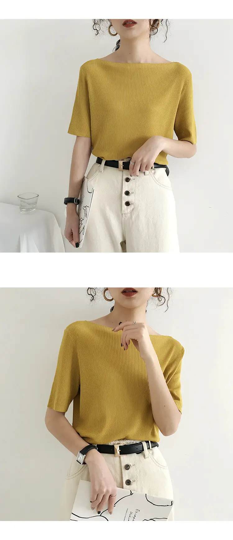 Women Ice Silk Knitted Top with Mid Sleeve Collar - Image 4