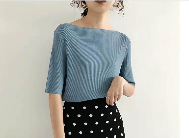 Women Ice Silk Knitted Top with Mid Sleeve Collar - Image 5