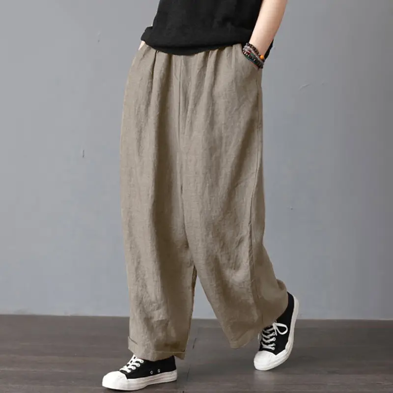 Women Wide Leg Pants Cotton Linen Retro Style Fat Medium — feature 13