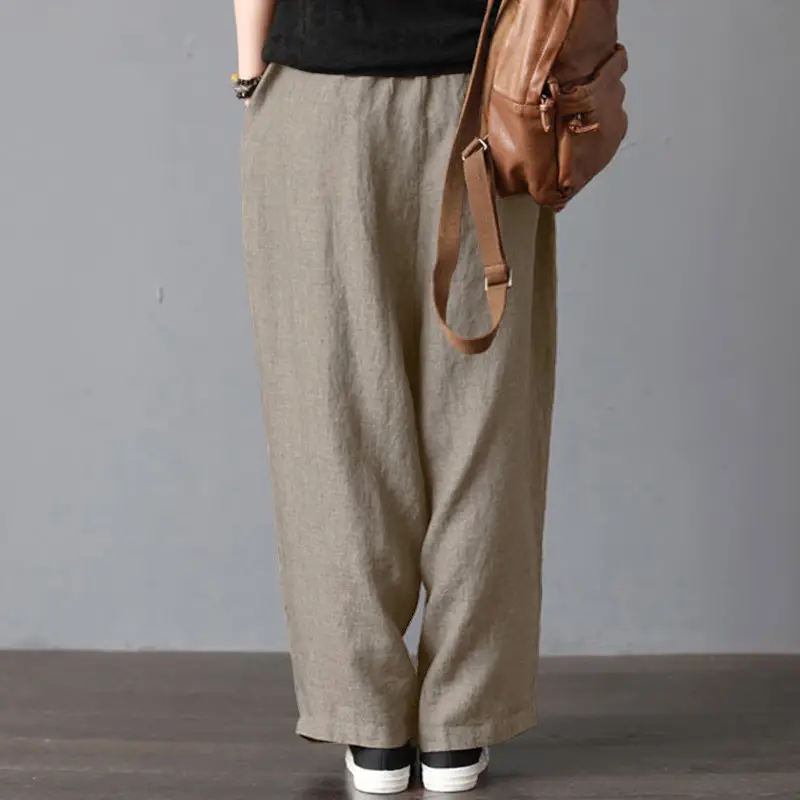 Women Wide Leg Pants Cotton Linen Retro Style Fat Medium — feature 15