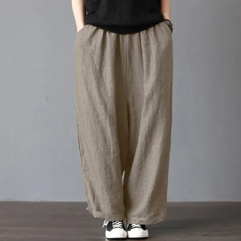 Women Wide Leg Pants Cotton Linen Retro Style Fat Medium — feature 17