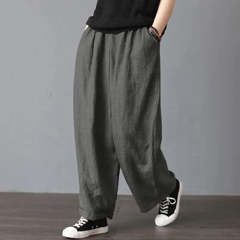 Women Wide Leg Pants Cotton Linen Retro Style Fat Medium — feature 9