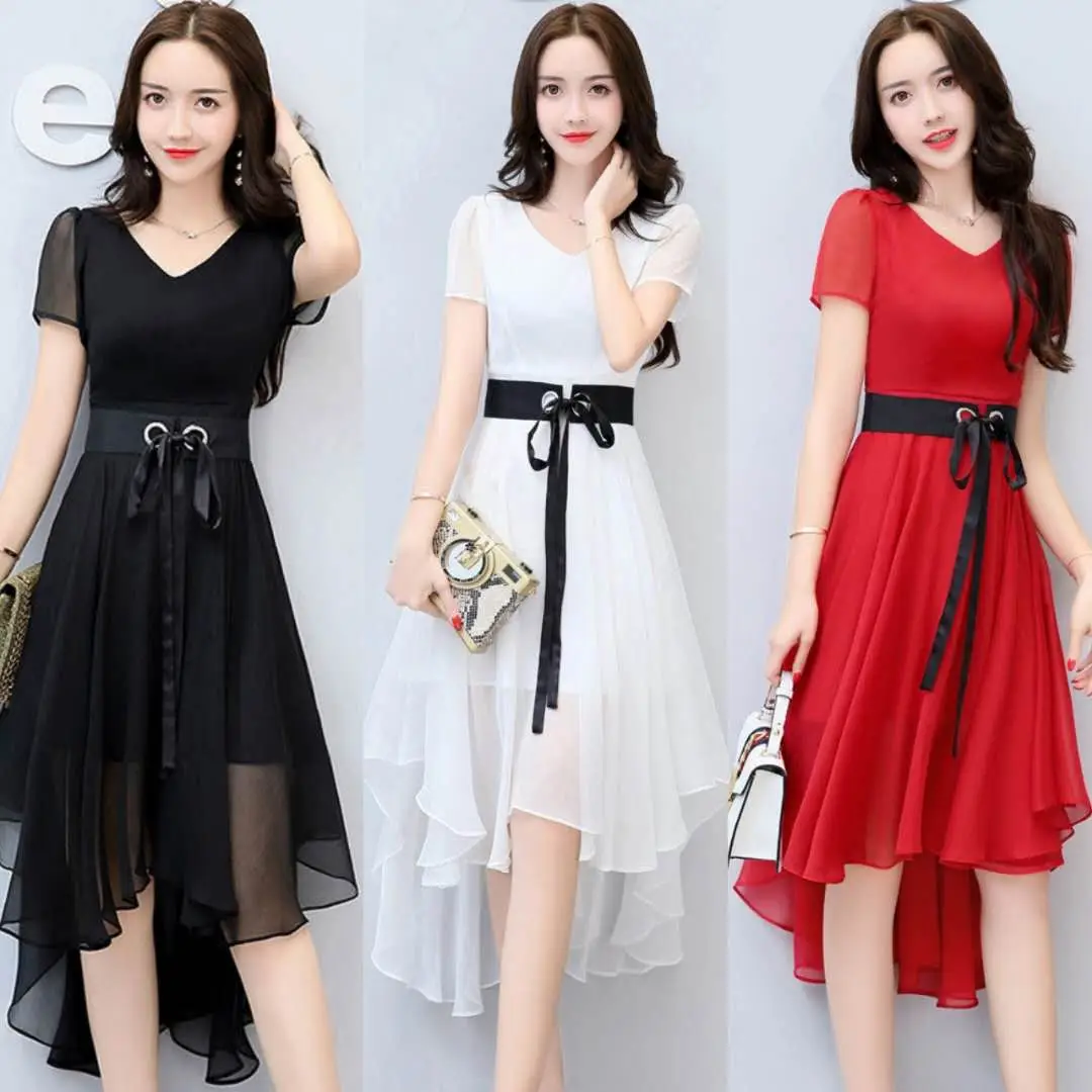 Women Chiffon Slim Fit Dress White Black Belt Mid Length - Image 3