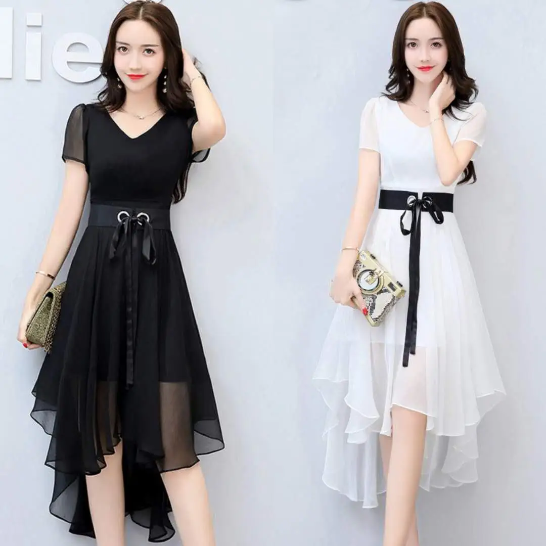 Women Chiffon Slim Fit Dress White Black Belt Mid Length - Image 4